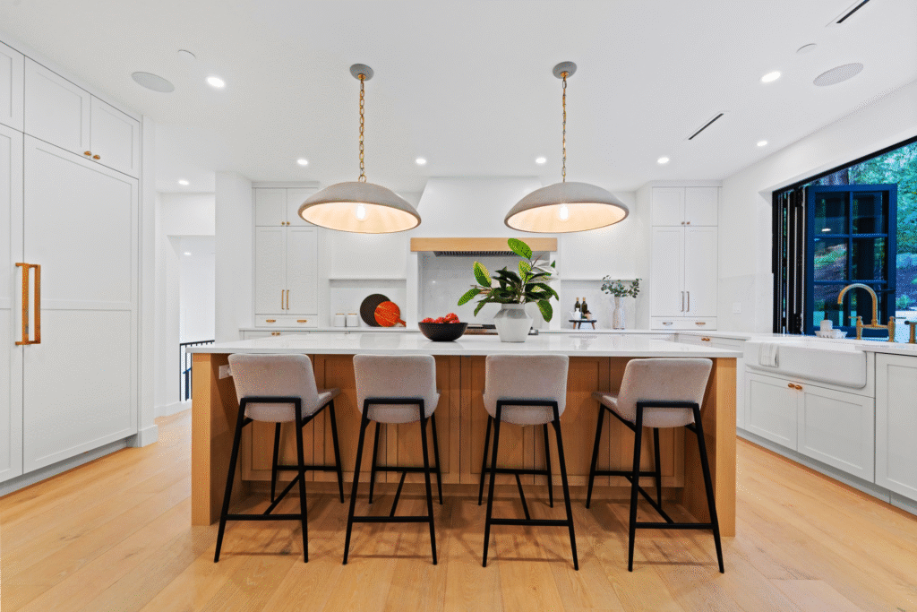 Two-tone kitchen cabinets: white uppers with walnut base cabinets